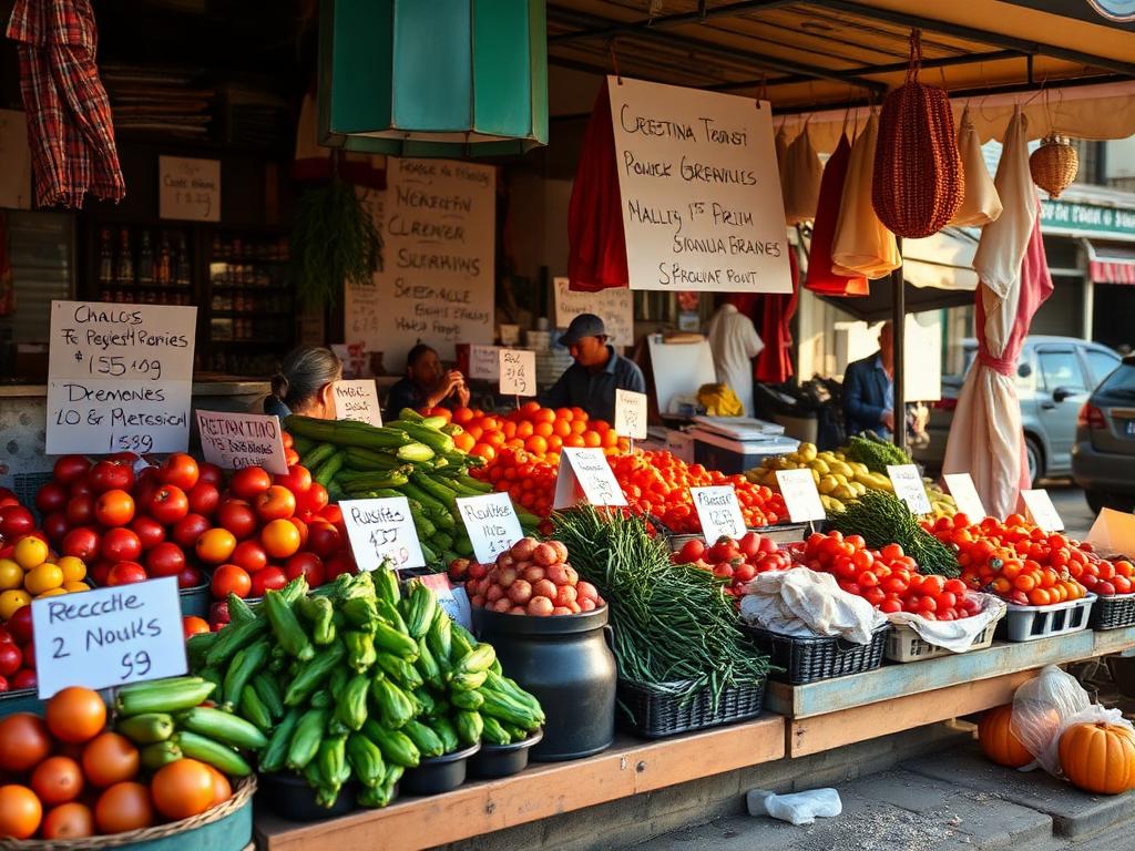 Étal de marché local avec étiquettes de prix