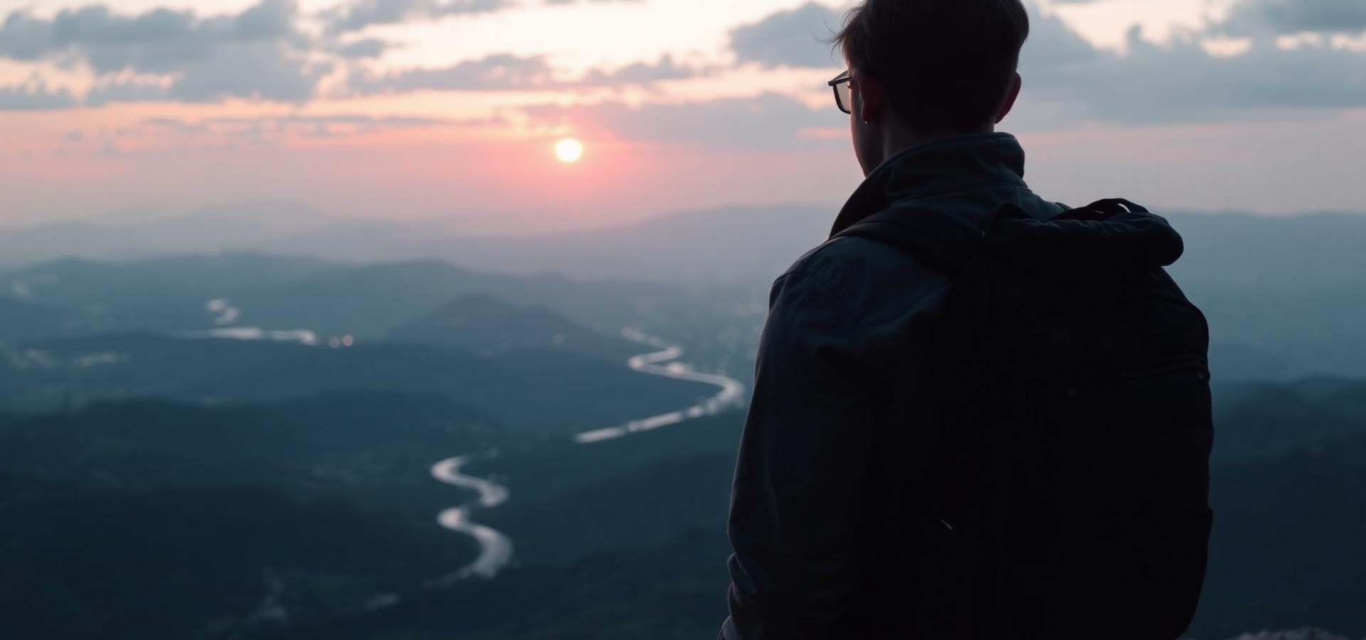 Voyageur contemplant une vallée au lever du soleil