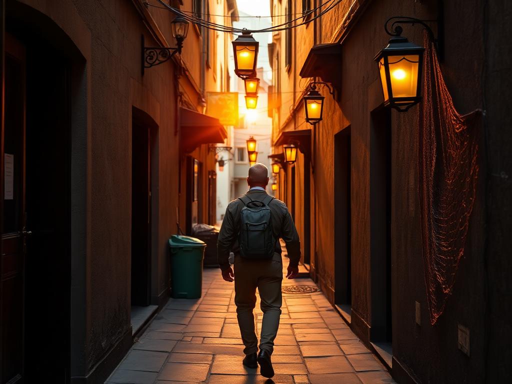 Voyageur marchant dans une ruelle éclairée par des lanternes