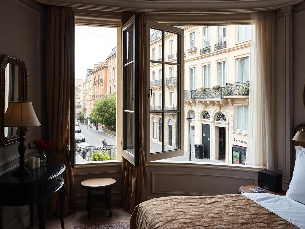 Chambre d'hôtel avec fenêtre ouverte sur une rue européenne