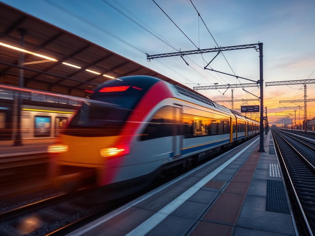 Train à quai dans une gare au crépuscule